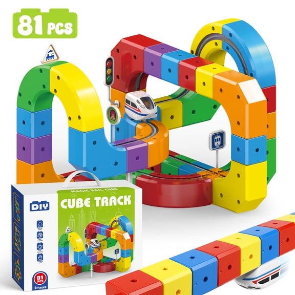 Huge Wave Electric Train Track Set for Kids, 81PCS DIY Flexible Race Track Building Cube Toy Train with Traffic Signs, Christmas Birthday Gift for Kids Boys and Girls Aged 3-8