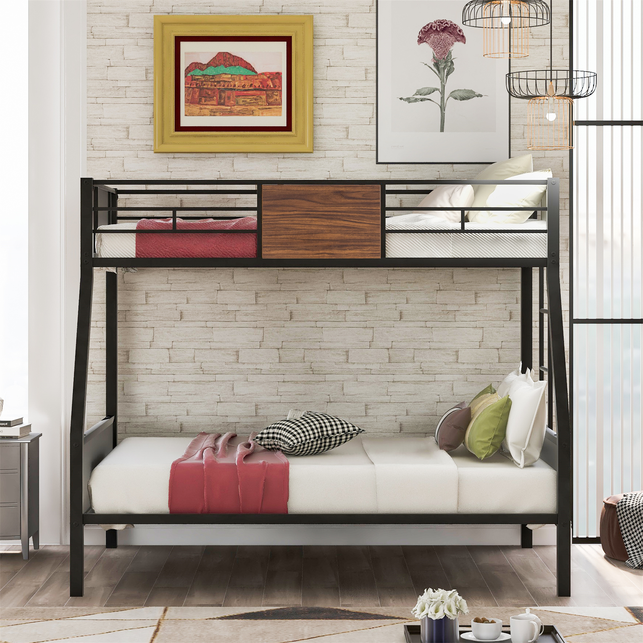 Aukfa Metal Bunk Bed Twin over Full Size for Bedroom, Drom, Built in Ladder, Black