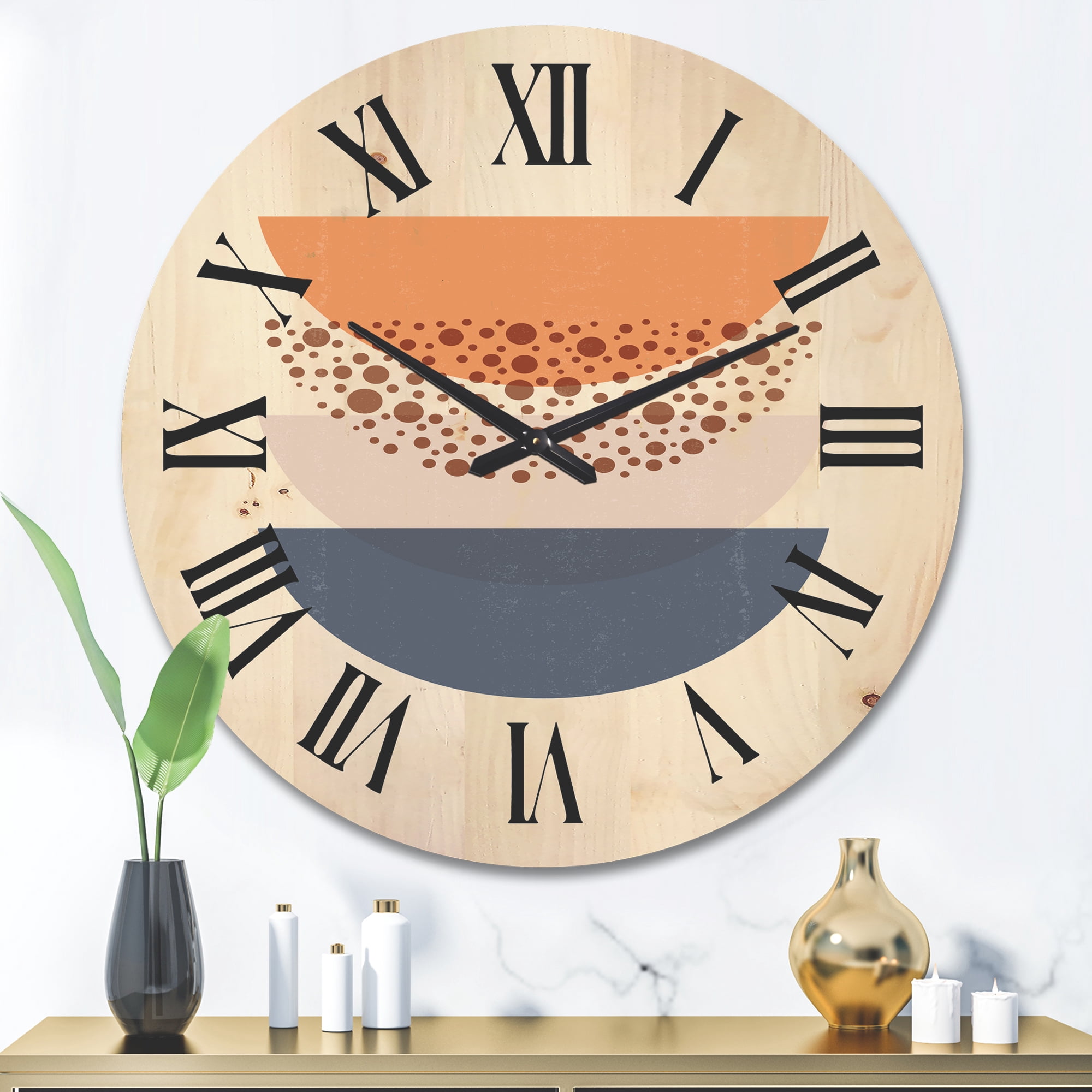Designart 'Abstract Moon and Sun Geometrics In Blue & Orange' Modern Wood Wall Clock