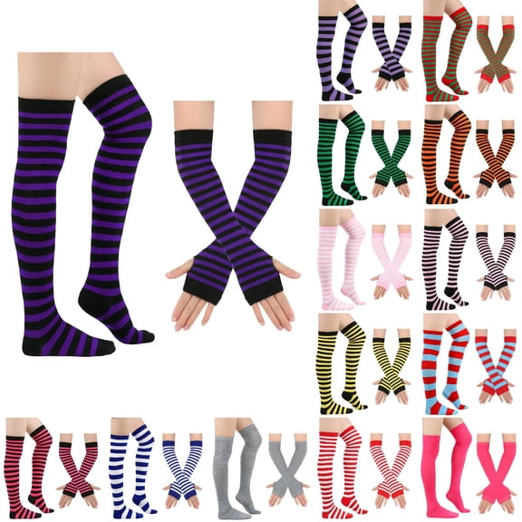 Resicozy Striped Thigh High Socks and Fingerless Gloves Set for Women Over the Knee Extra Long Thigh Highs and Arm Warmers Set Purple Striped