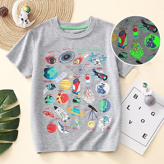 Trendfront Kids Glow In The Dark T Shirts Crewneck Short Sleeve Cartoon Printed Luminous Graphic Tee Summer Casual Tops