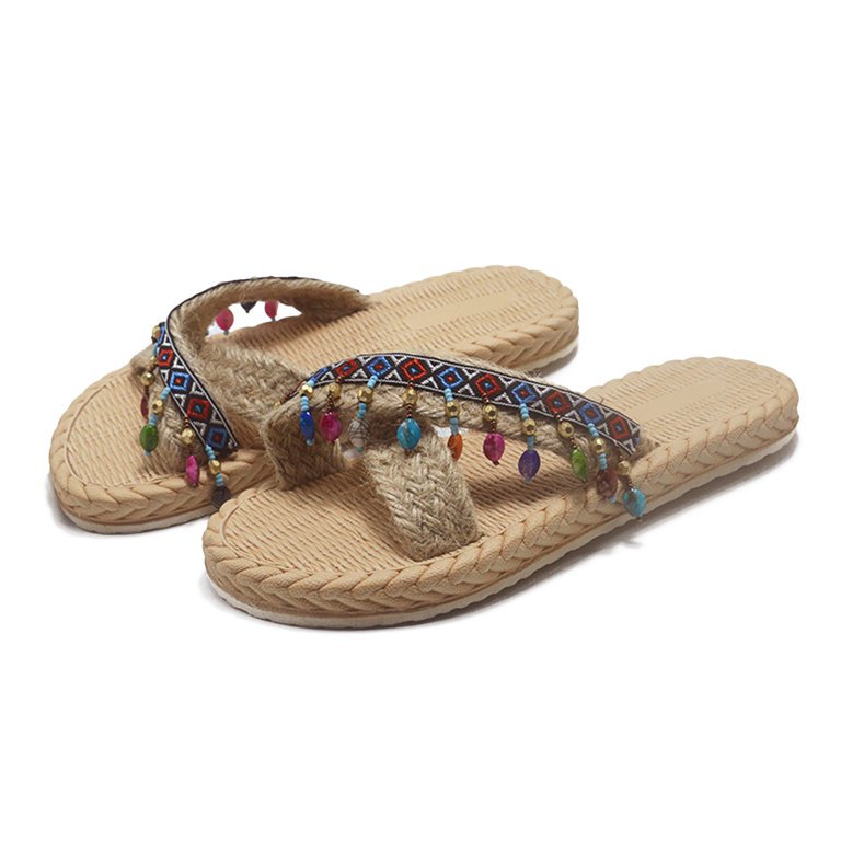 Spring And Summer Imitation Straw Woven Women Flat Sandals And Flip Flops  Beach Slippers