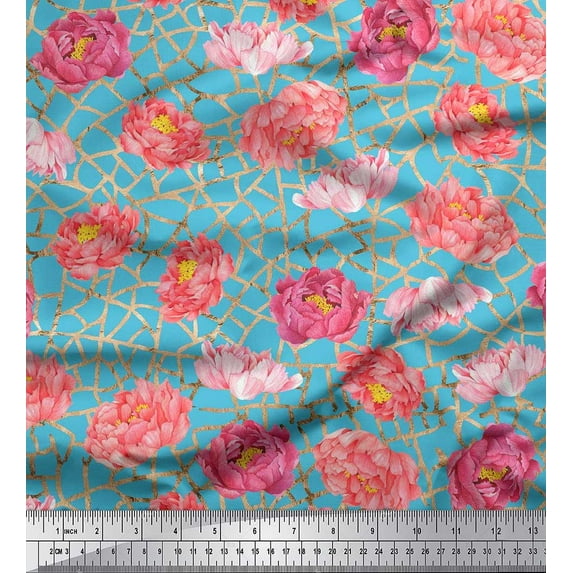 Soimoi Blue Cotton Poplin Fabric Mosaic Design & Pink Floral Print Fabric by The Yard 56 Inch Wide