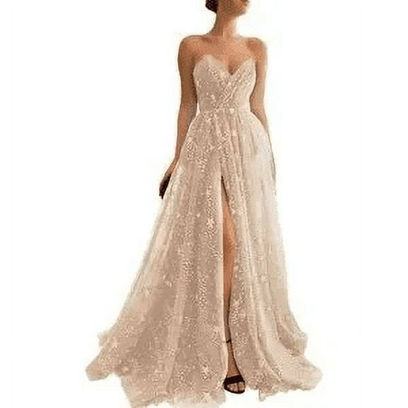 Starry Strapless Dress with Slit, Tulle formal evening gown, Prom dress