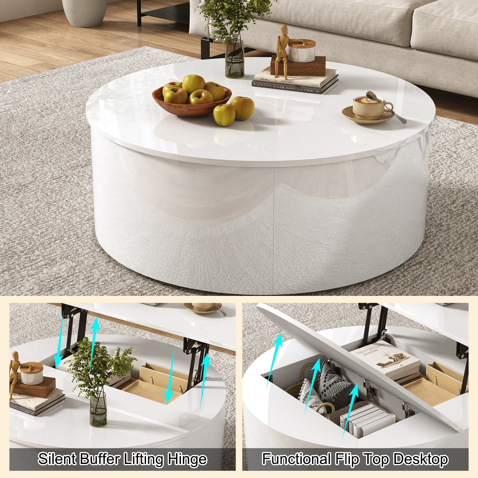 ANPOO Round Lift Top Coffee Table with Storage, Modern High Gloss Coffee Table with Hidden Storage Space, Circular Center Table for Livingroom, Small Space, Small Space, Apartment