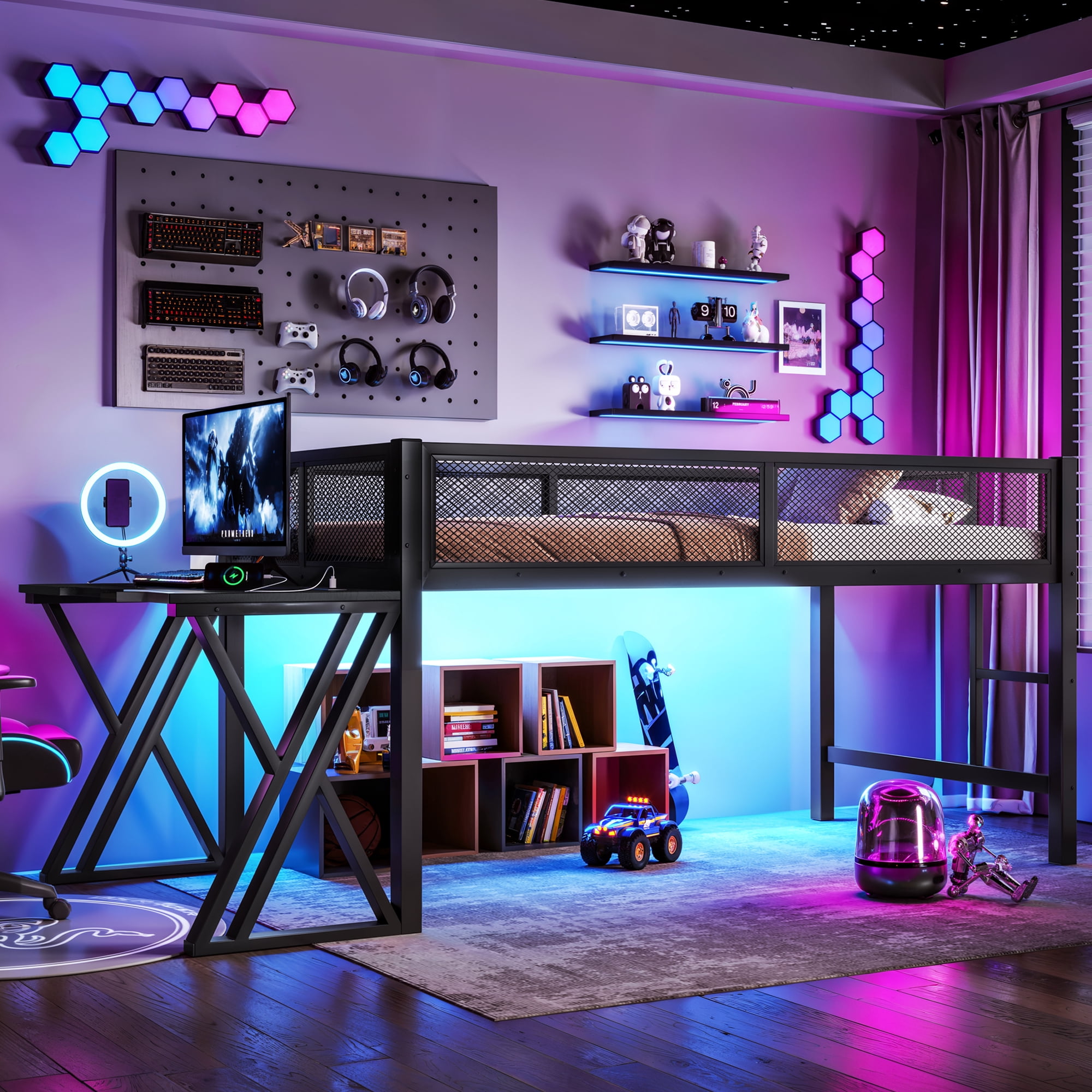 Leumius Twin XL Size Loft Bed with Gaming Desk,Metal Loft Bed Frame with Full Length Guardrail,LED Lights and USB Ports,Space-Saving,Black
