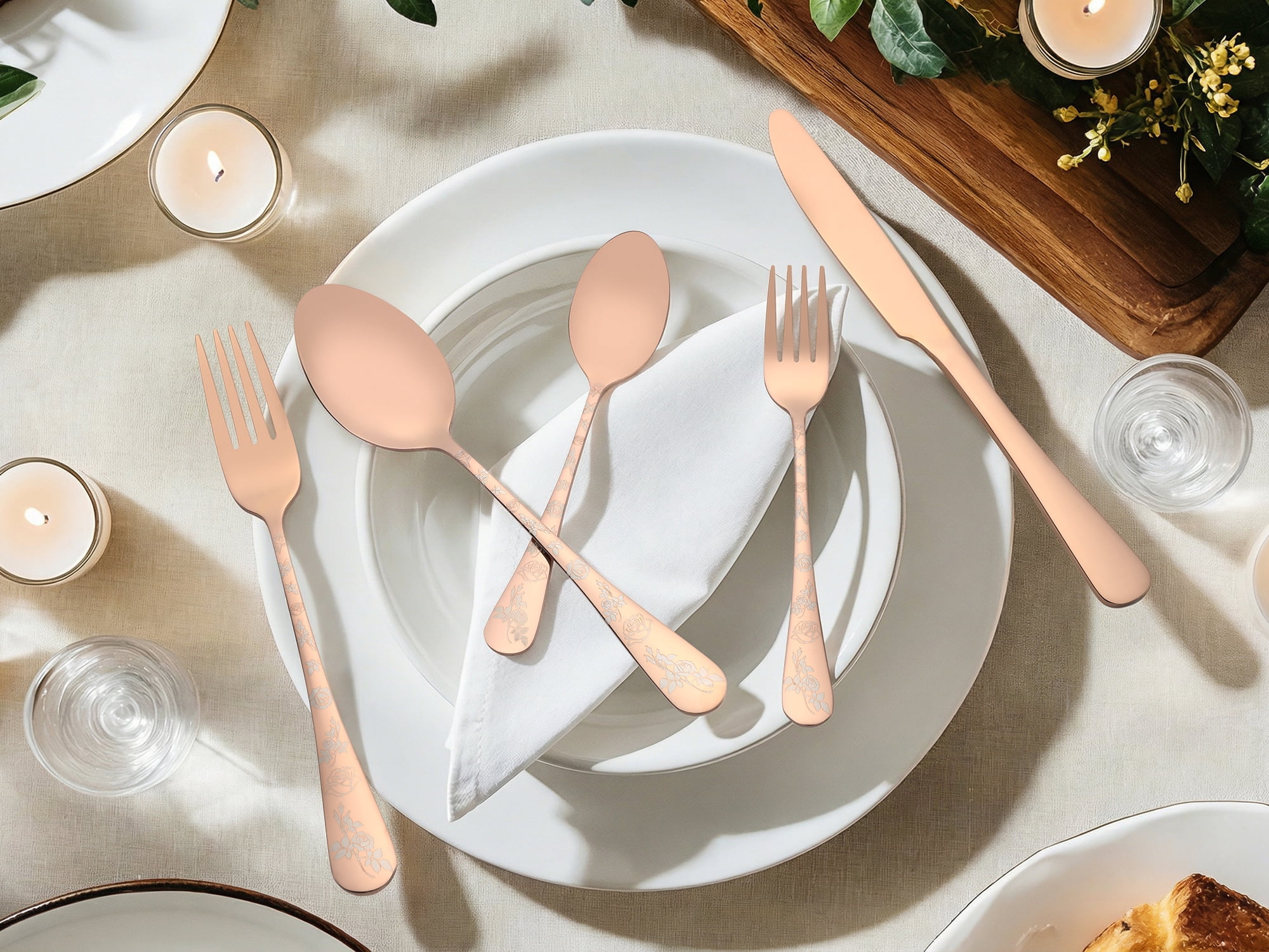 Unique Bargains 30 Piece Silverware Set for 6 Stainless Steel Floral Flatware Rose Gold 30