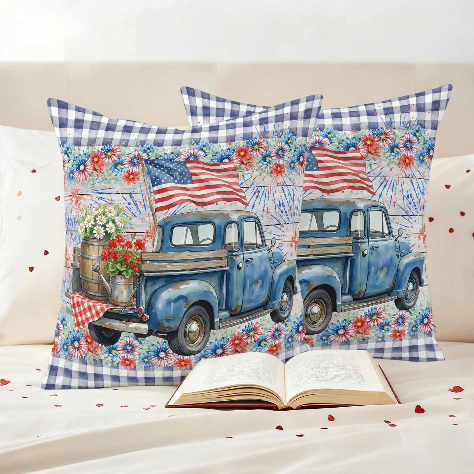 Independence Day Pillow Covers 2 Pack U. S. Flag Retro Truck Flowers Blue Plaid Pillowcase Waterproof Outdoor Throw Pillow Cover for Patio Garden Square Cushion 16”x16”
