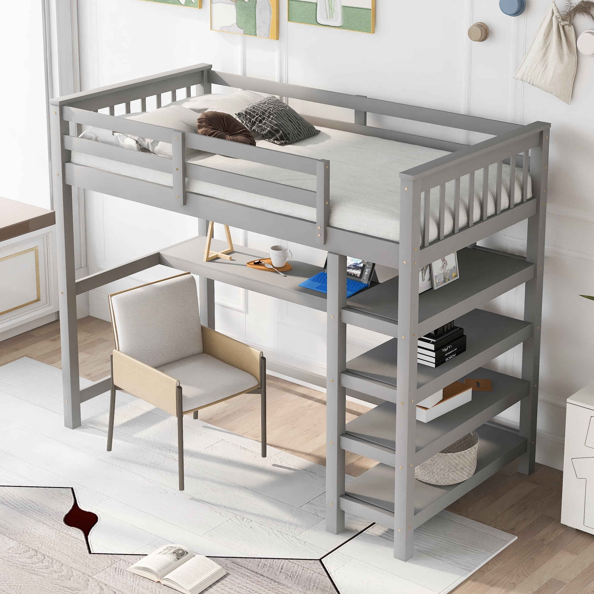 Yoneston Twin Size Loft Bed with Storage Shelves, Wooden Twin Loft Bed Frame with Under-bed Desk for Boys Girls Teens Bedroom, Gray