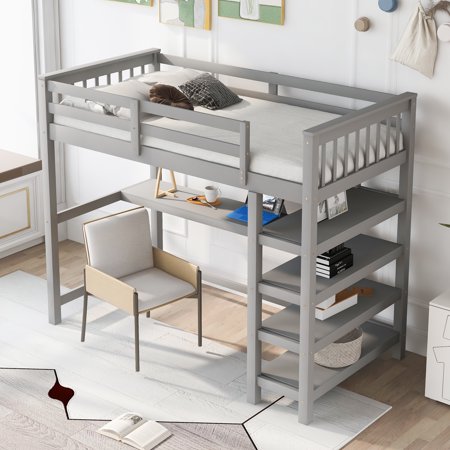 Twin Size Loft Bed with Storage Shelves and Built-in Desk  Wood Loft Bed Frame with Full-length Guardrails and Ladder for Kids Boys Girls Bedroom Dorm  Space Saving  Gray