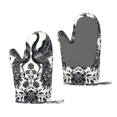 

Junzan Artistic Black White Peacocks for Oven Mitts 2 Piece Set BBQ Gloves Grilling Gloves Heat Resistant Oven Gloves Kitchen Silicone Oven Mitts for Barbecue/Cooking/Baking