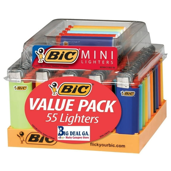 55 BIC Mini Sized Lighters Wholesale Lot w/ Display Tray