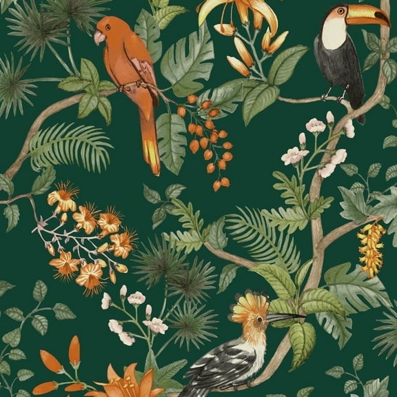 Tempaper Birds of Paradise Green Tropical Peel and Stick Wallpaper, 20.5" x 16.5'