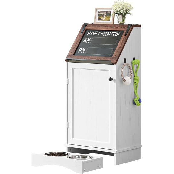 Dog Feeding Station with Storage, Dog Food Cabinet with 2 Hidden Feeding Bowls, Flip-Top Pet Storage Cabinet, Pet Food Holder, White Grain