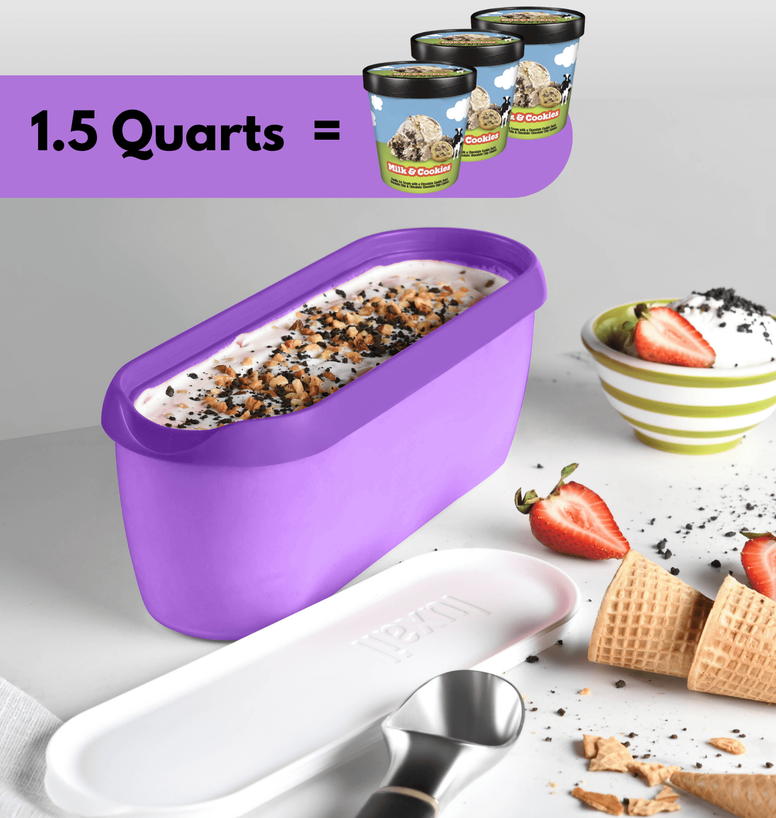 Luxail Ice Cream Container with Lids, BPA Free Plastic, Double Insulated, 1.5 Quart, Purple