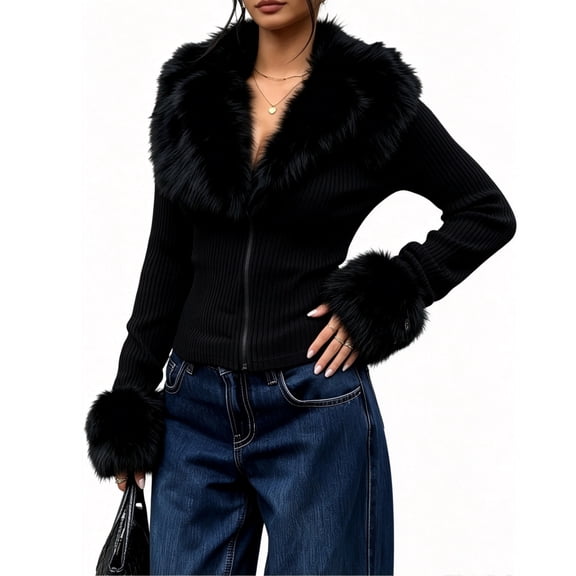 Domzest Faux Fur Fuzzy Collared Jackets for Women Slim Fit Zip Up Cropped Kint Jacket Fall Winter Furry Cuff Ribbed Cardigan Coat Black M