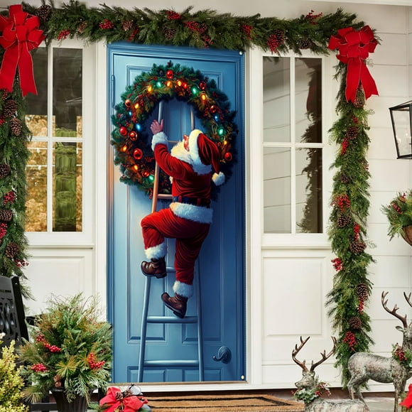 hengsof Christmas Door Cover Santa Claus Door Cover Decoration Background Backdrop Hanging Banner for Home Garden Door Holiday House Christmas Party 71x35 Inch
