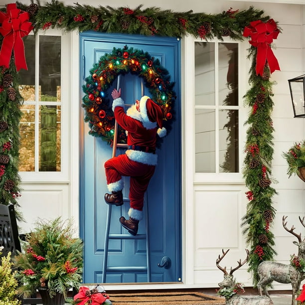 Linnome 35x71 Inch Santa Claus Door Decoration, Christmas Pattern Door Cover for Indoor Outdoor Use, Holiday Decor