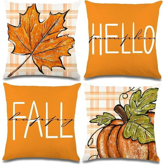 YUJUN 4 PCS Fall Pillow Covers Decoration,20x20in Buffalo Plaid Farmhouse Pumpkin Maple Leaves Thanksgiving Fall Throw Pillows Cushion Case Couch Decor for Autumn Home Outdoor Decorations