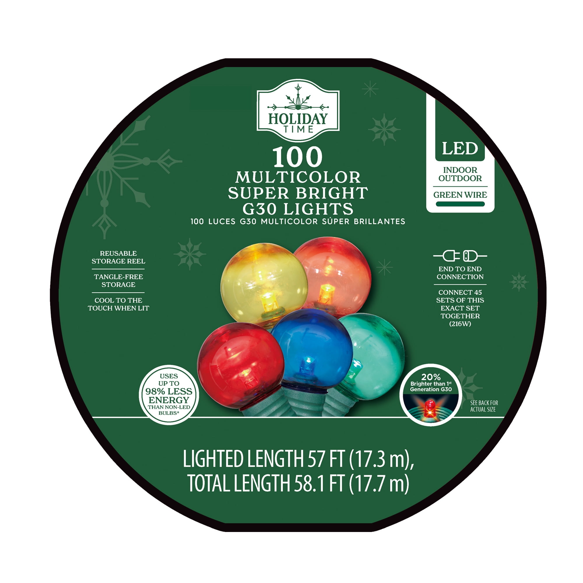 Indoor/Outdoor 100-Count LED Super Bright G30 Christmas Lights, Multicolor, 57', Holiday Time