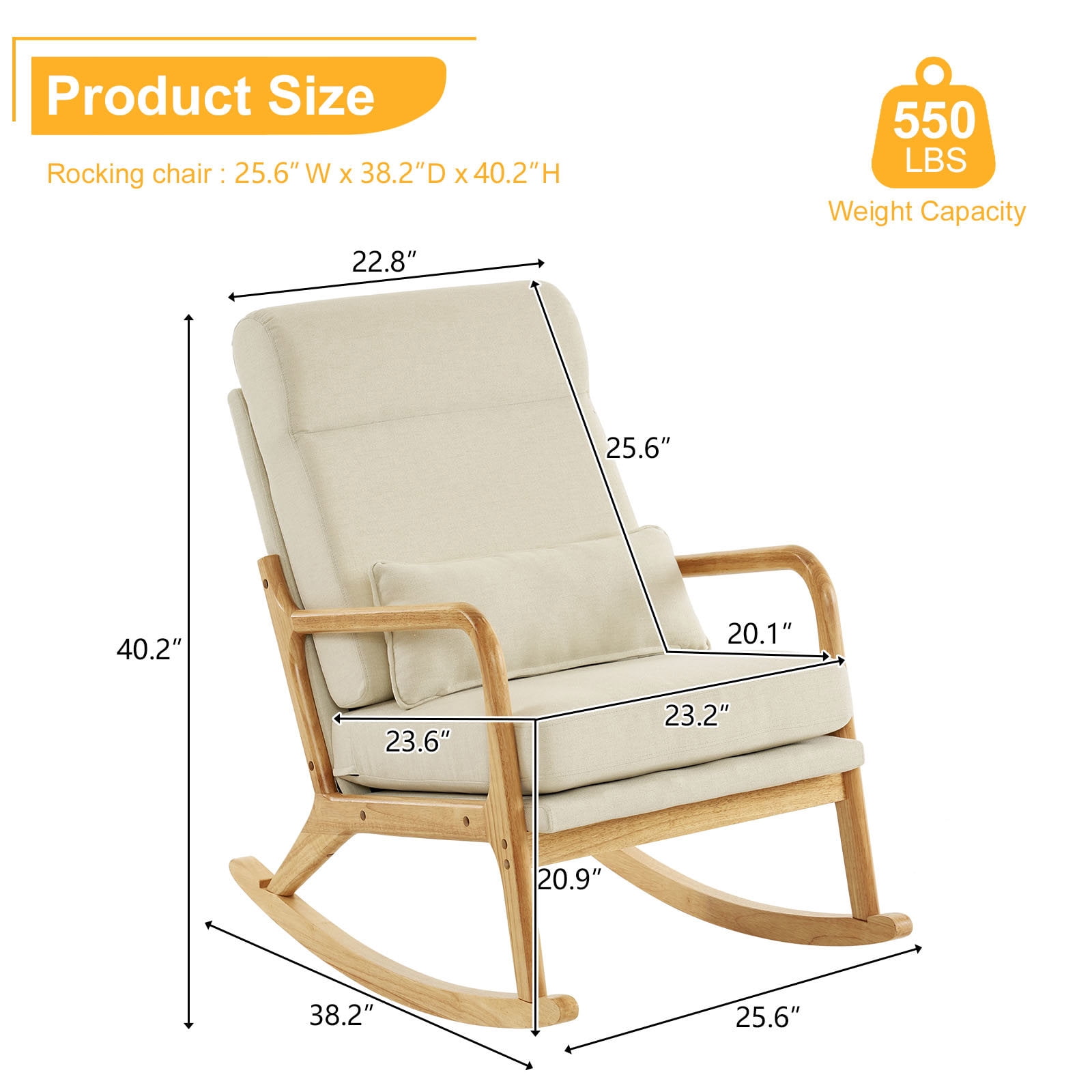 UWR-Nite Rocking Chair Nursery, 25.2" High Backrest Mid-Century Rocking Chair with Wooden Armrest Upholstered Glider Rocker with Free Lumbar Pillow for Living Room