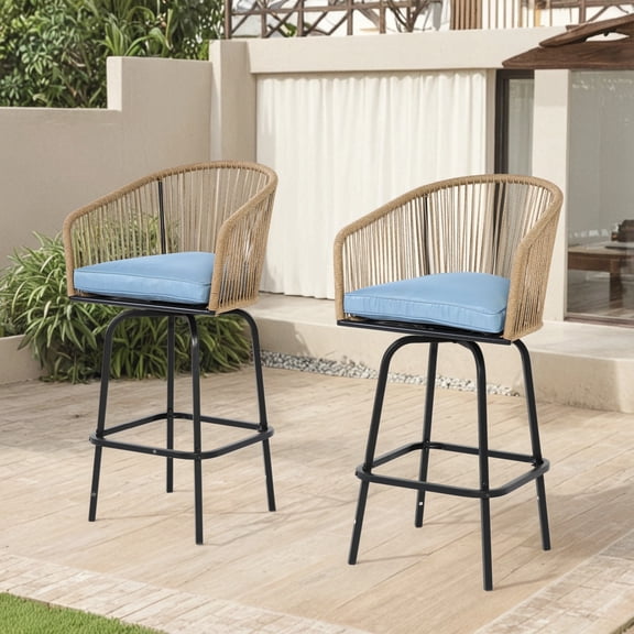Outdoor Bar Stools Set of 2, ENYOPRO Counter Height Chairs with Blue Cushions, Patio Bar Stools with Armrests, Backrests and Footrests,for Poolside, Balcony and Backyard