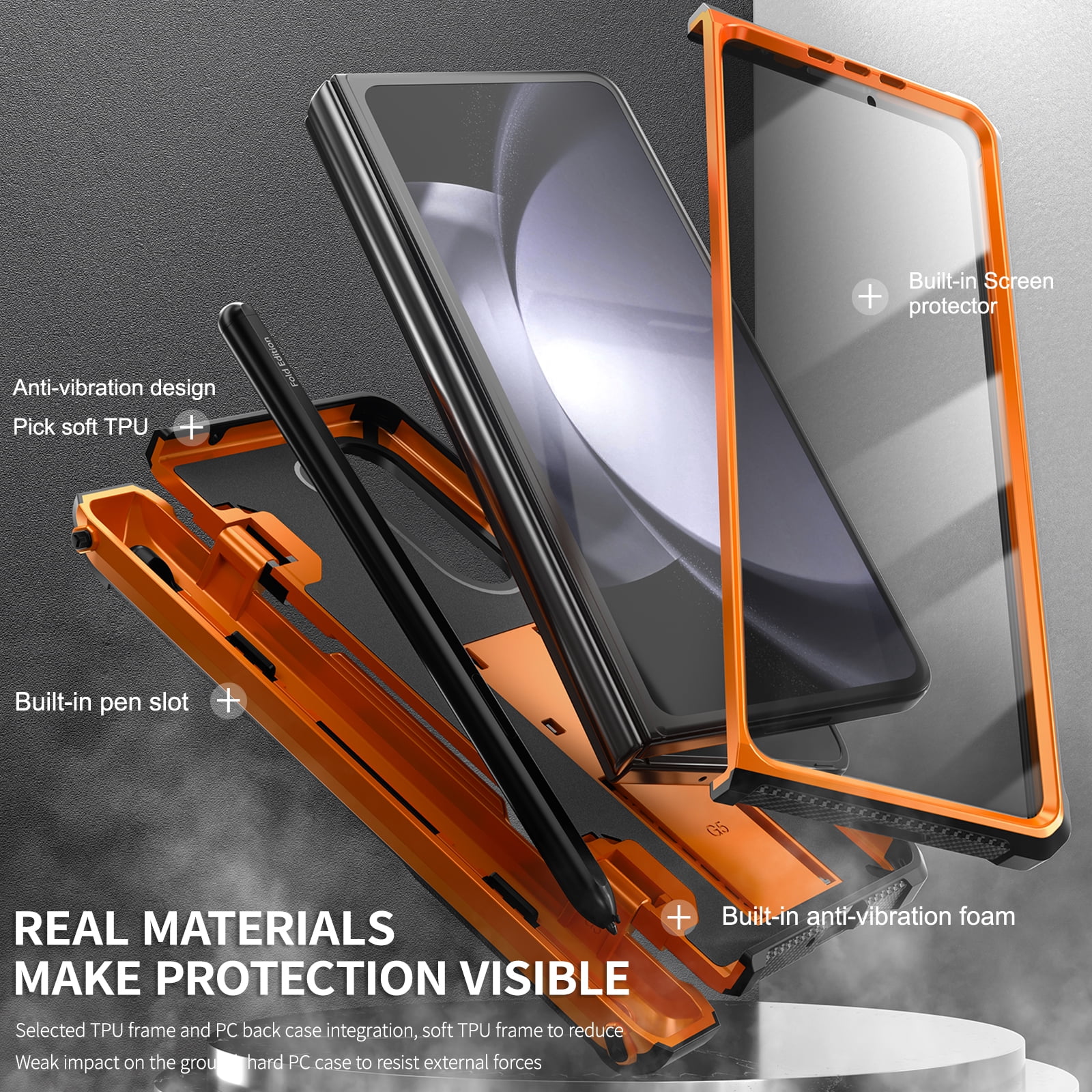 Cowithday for Samsung Galaxy Z Fold 5 Phone Case 2023 7.6", with S Pen Holder & Kickstand & Screen Protector [Wireless Charging], Hinge Protection  Stand Hard Rugged Soft TPU Bumper Cover, Orange