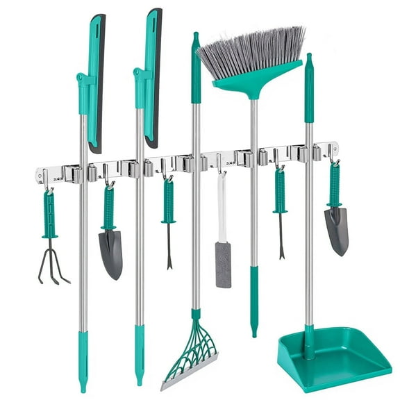 XUEYU Mop and Broom Holder with 5 Racks & 6 Hooks, Wall Mount Tool Rack Organizer, Self Adhesive Garage & Home Storage, 304 Stainless Steel Tool Organizer Hooks for Home Kitchen Garden Laundry
