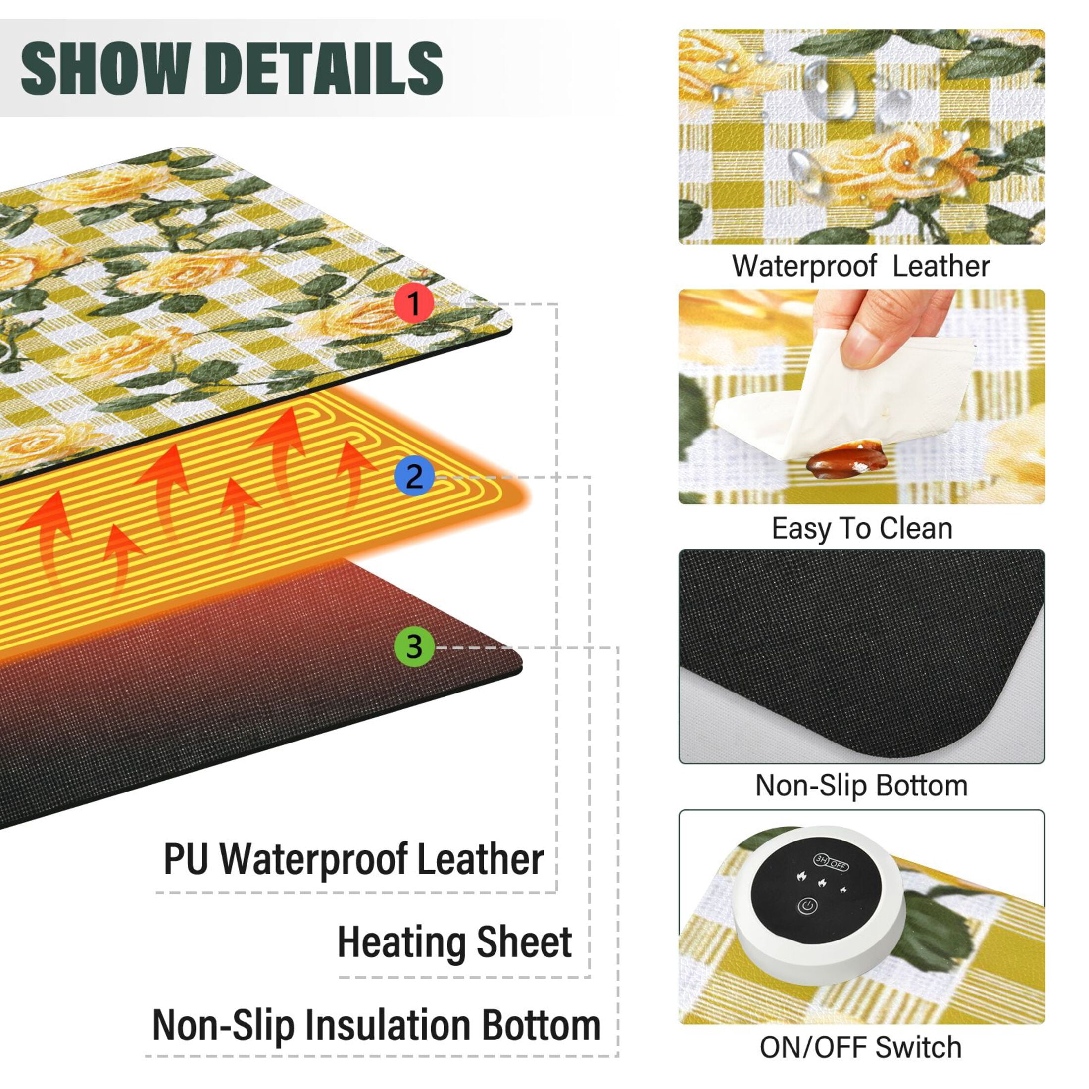 Large Heated Desk Mat Mouse Pad 31.5"x13"PU Leather Graphene Heating Desk Warmer with 3 Temperature Settings 110V US Plug Non-Slip Warm Pad for Home, Office, and Gaming Gingham Pattern Yellow Roses
