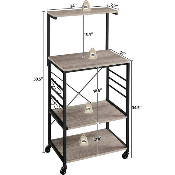 Kitchen Bakers Rack on Wheels, Microwave Stand Cart with 6 Hooks, Adjustable Feet, Gray