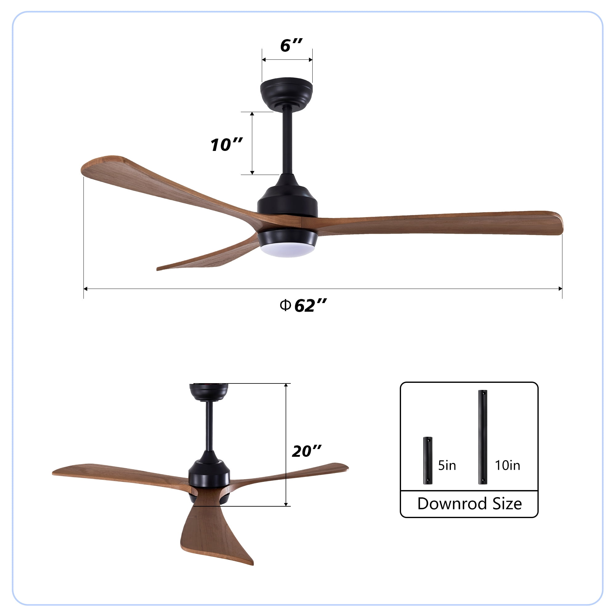 Leumius 62" Solid Wood Blades Ceiling Fan with Light and Remote Control,Quiet DC Motor 3 Blade Ceiling Fans 6 Speed Levels,Reversible for Patio Living Room Bedroom Office Black