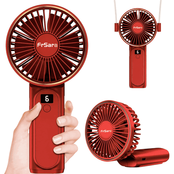 FrSara Portable Handheld Mini Fan, Neck Fan, 4000mAh Desk Fan, 180° Adjustable, 6 Speed Wind, Display Electricity in Real Time, USB Rechargeable Foldable Fan, Quiet Personal Fan with Power Bank -Red