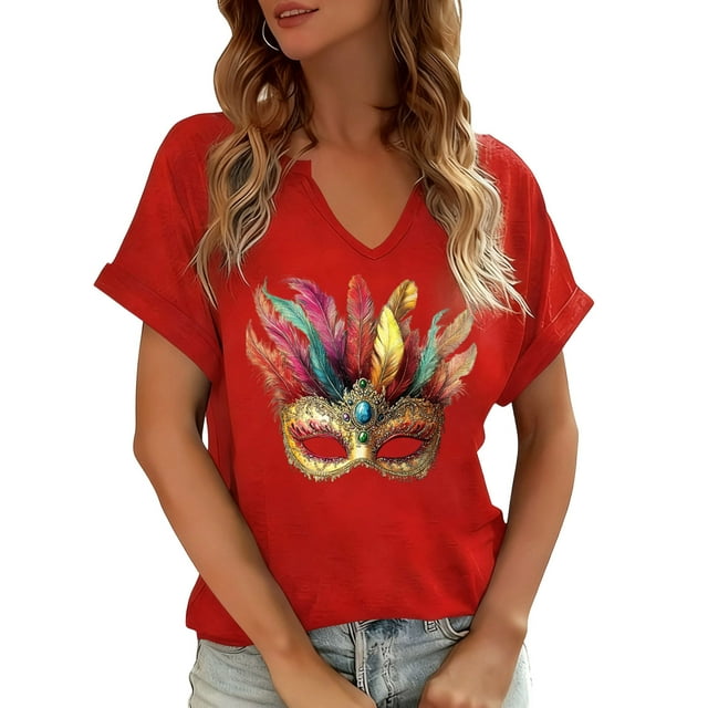 Nuoqisi T-shirt Imprimé Carnaval pour Femmes Col en V Manches Courtes Décontracté