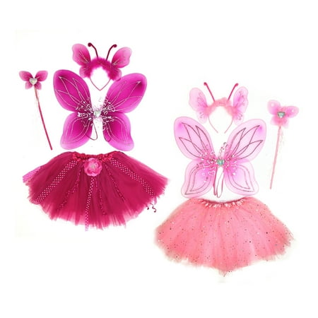 Mozlly Value Pack - Pink AND Fuchsia Heart Glittery Butterfly Fairy Tutu Group Costumes - Includes Wings, Tutu, Wand and Headbands - Pretend Play Dress Up Outfit Adorable Fantasy (2 Items)
