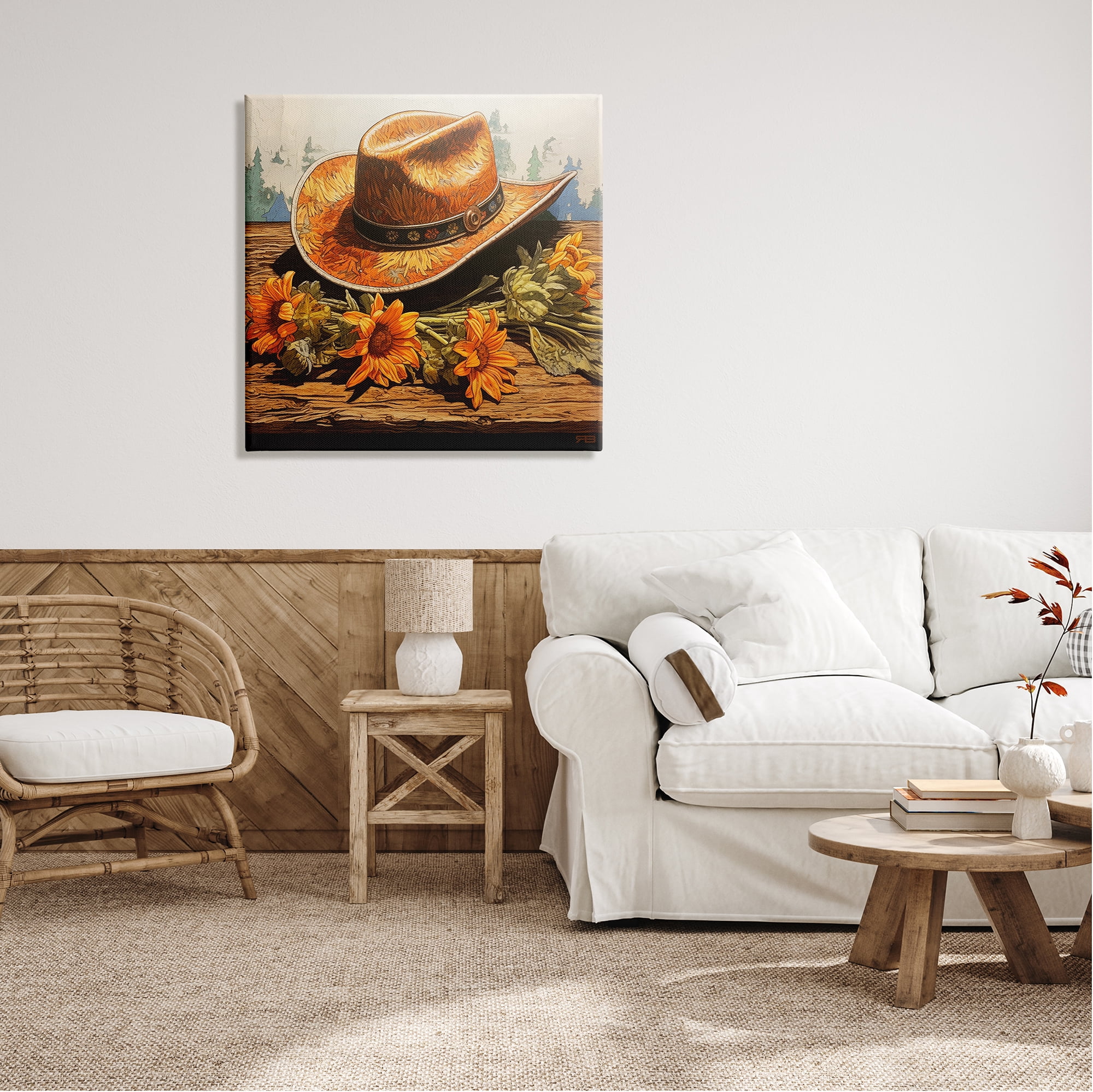 Stupell Industries Cowboy Hat with Sunflowers Botanical & Floral Painting Gallery Wrapped Canvas Art Print Wall Art, 30 x 30