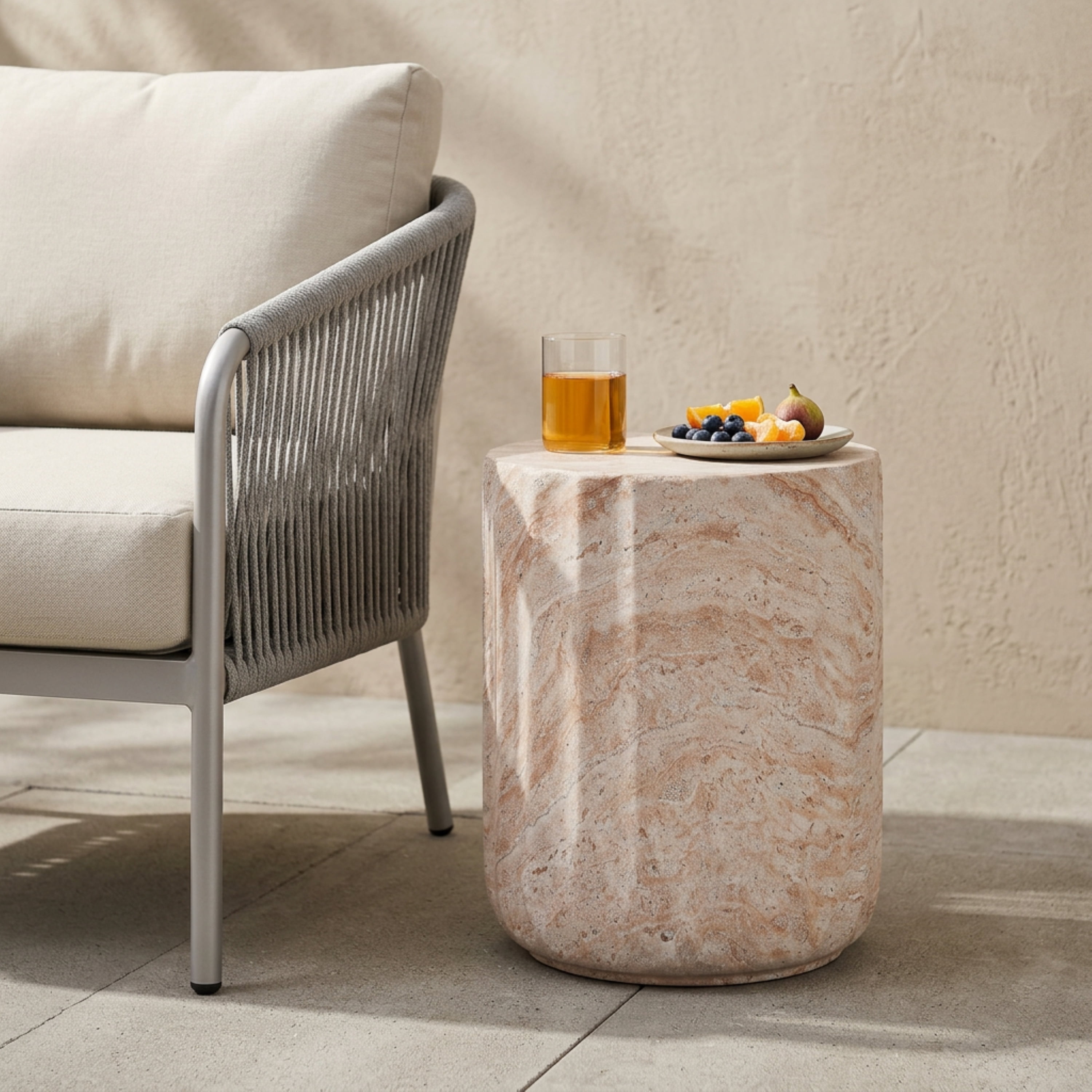 Mintazer 18.5" H Cylindrical Shaped MGO Side Table, Modern Accent Table with Drum Base & Fluted, Patio End Table for Patio Living Room, Beige