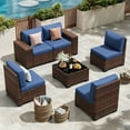 thumbnail image 5 of UDPATIO 6-Piece Patio Furniture Set, Outdoor Patio Sofa Set With Wide Armrest, All-Weather Wicker Rattan Guest Set With Cushion And Glass Table And Waterproof Cover, Brown & Navy Blue, 5 of 11