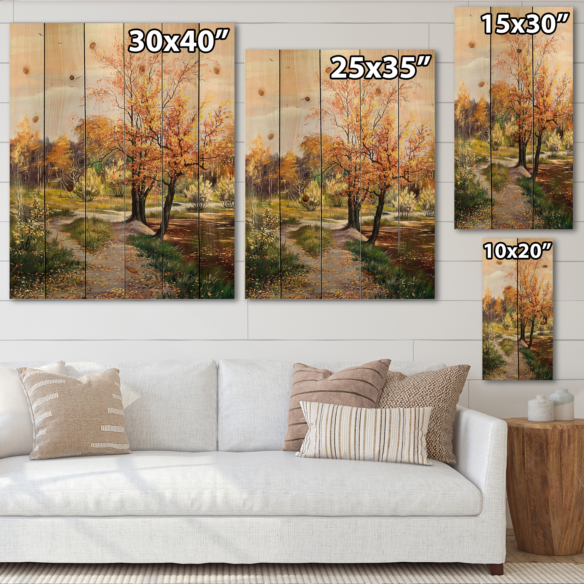 Designart 'The Orange Woods Along River' Country Print on Natural Pine Wood