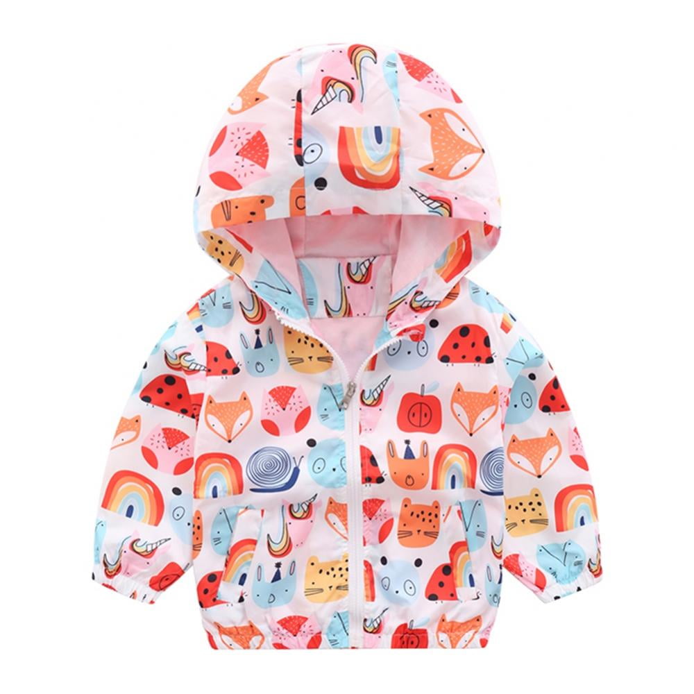 Baby Kids Cartoon Floral Print Zip Up Jacket Hooded Trench Lightweight Windproof Coat Cute Windbreaker Casual Outerwear 