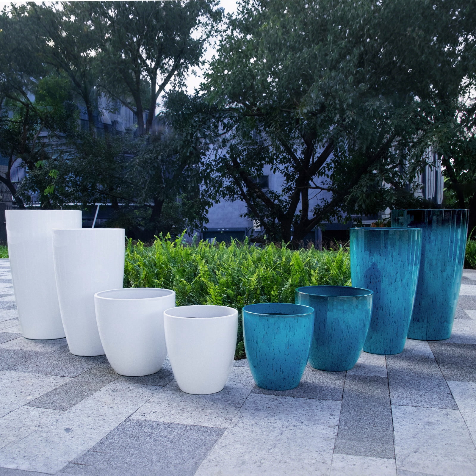 FIASON 4 Pack Large Plastic 24/21/12/10" H Blue Tall Planters, Tall Plant Pots for Outdoor Indoor with Shelf Inset, Glossy Flower Pot with Drainage Holes & Mesh Filter Screen for Front Porch Patio
