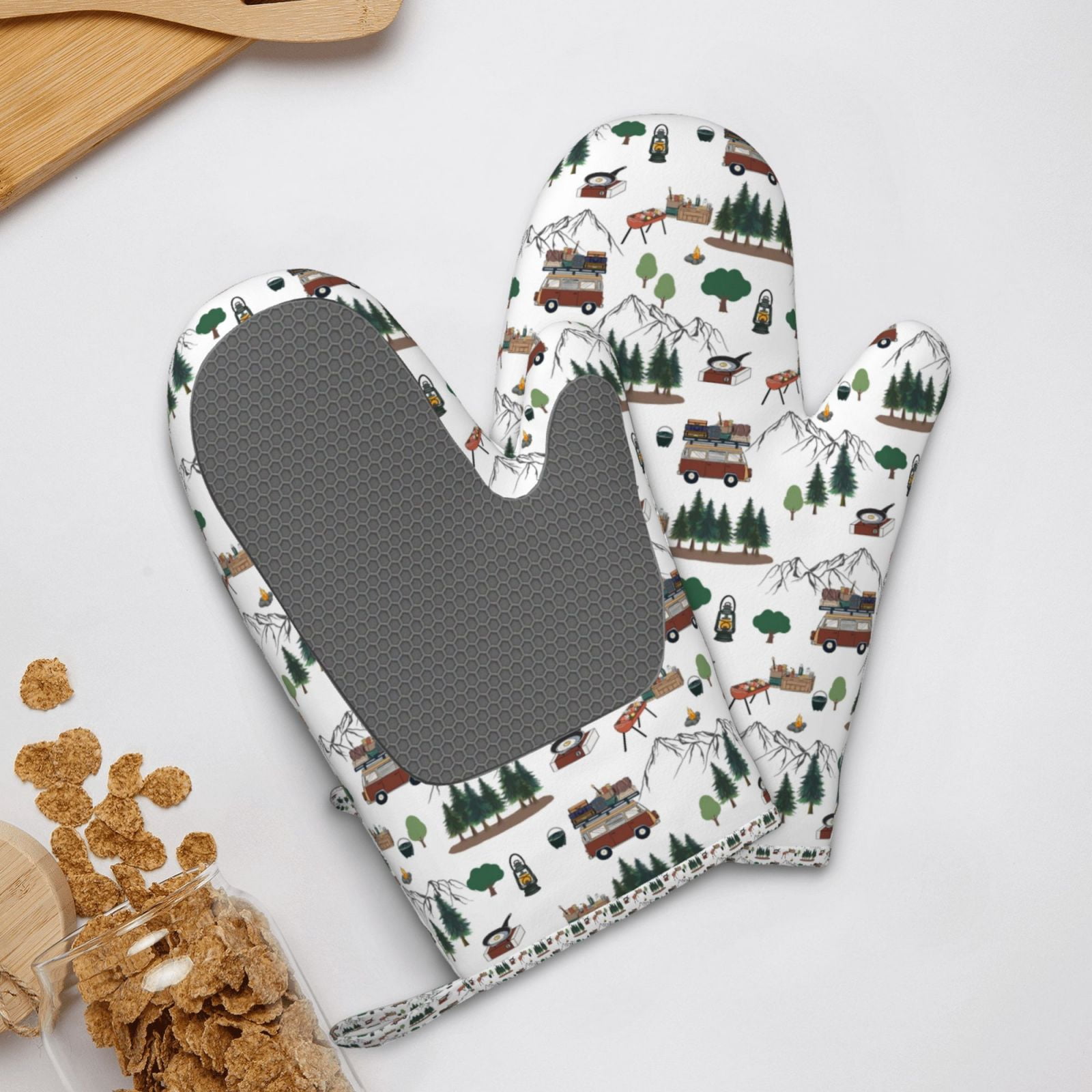Hirioo Camping Caravan 2 for Silicone Oven Mitts for BBQ, Baking, Cooking, Set of 2, Heat Resistant 260℃, Non-Slip Kitchen Essentials