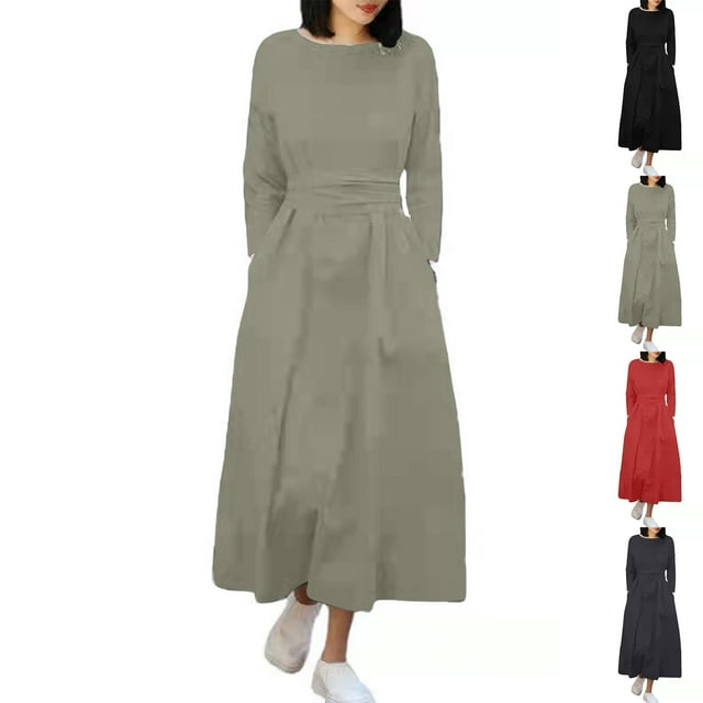 Gspmoly Robe pour Femmes, Robe Mode pour Femmes à Col Rond, Ample, à Manches Longues, Unie, Mi-Mollet, Longue, Robes de Travail pour Femmes, Cadeaux de Vacances