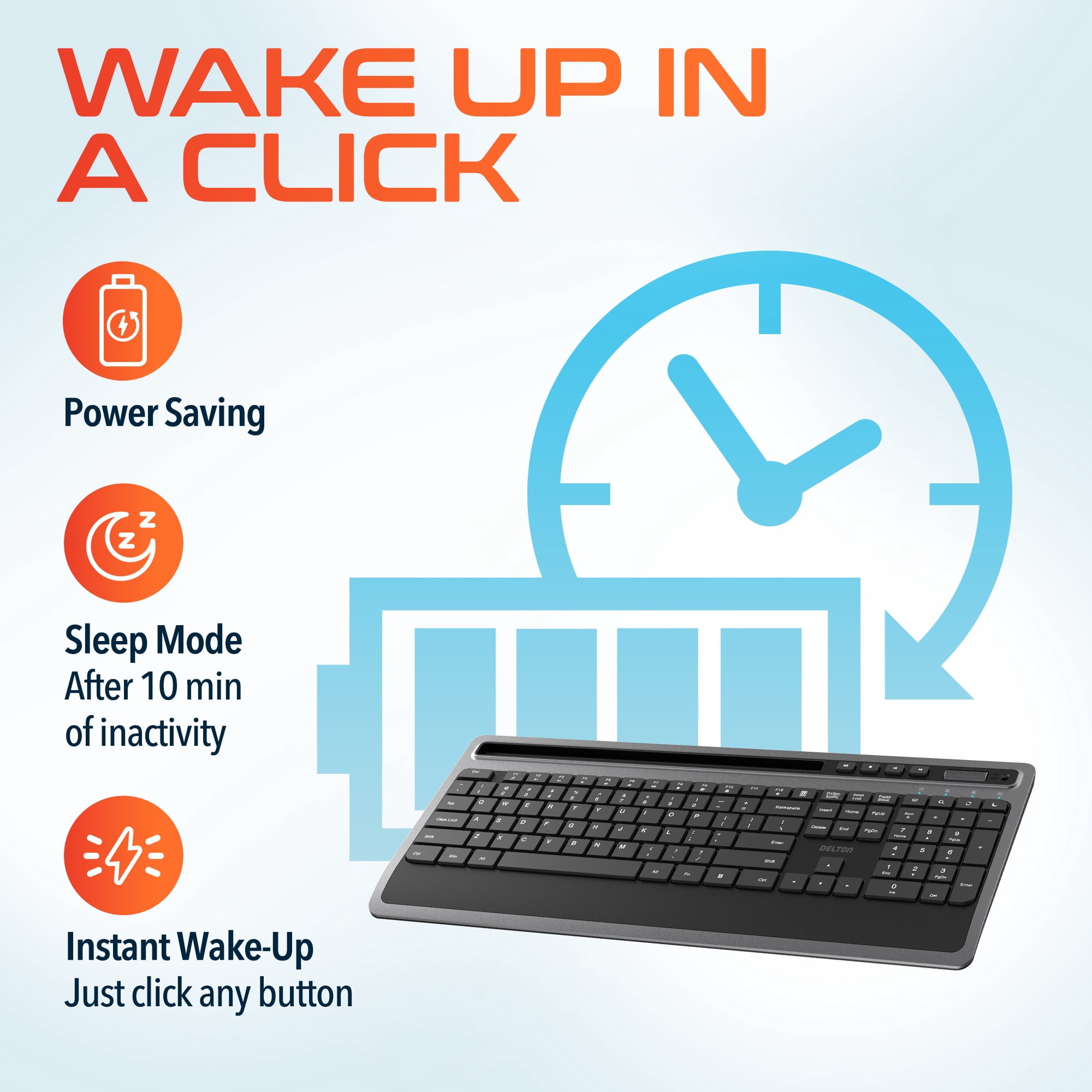 Delton T42 Ergonomic Wireless Keyboard with Phone/Tablet Holder, 2.4G Wireless Connection, Cordless Keyboard for Computer, Laptop, PC, Windows, MacOS and iOS - Black