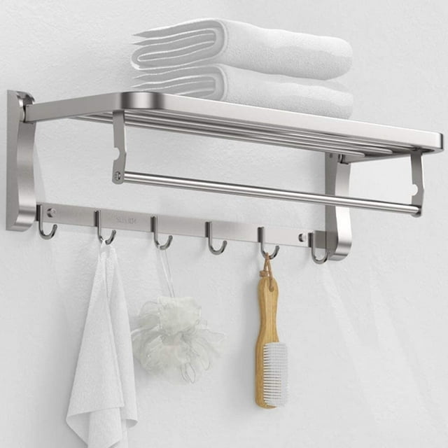 Toallero para Baño, Toallero con Barra de Toalla y 5 Ganchos para Baño/Cocina, Estante de Baño de Acero Inoxidable Montado en La Pared,Accesorios de Baño