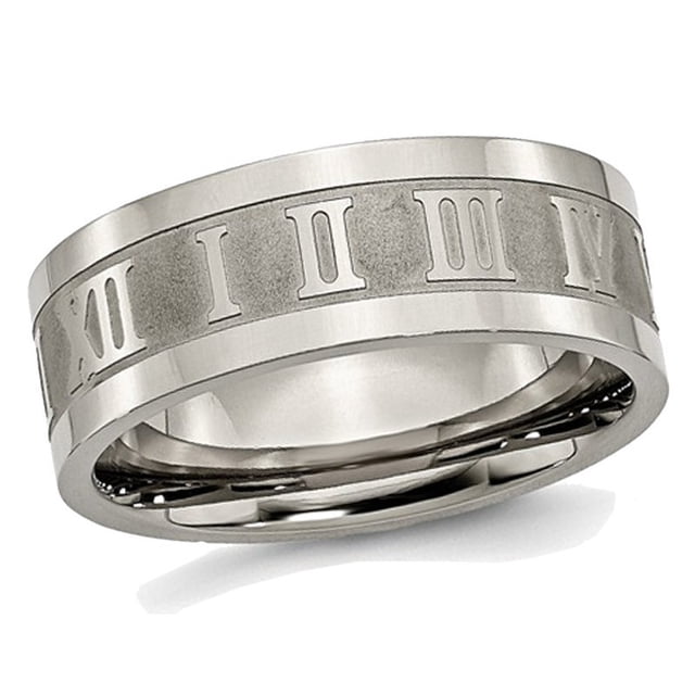 Mens Titanium Roman Numerals 8mm Satin Flat Wedding Band Ring