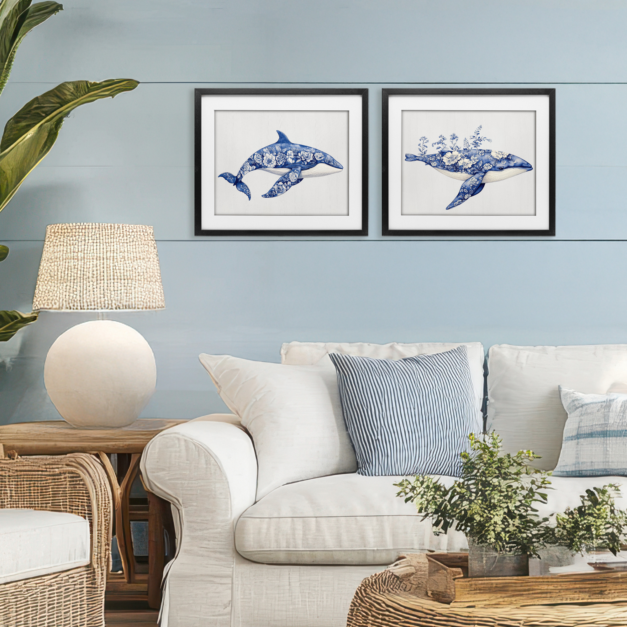 Blooming Toile Pattern Whales 2 Piece Black Framed Print Under Glass Set, design by Lettered and Lined