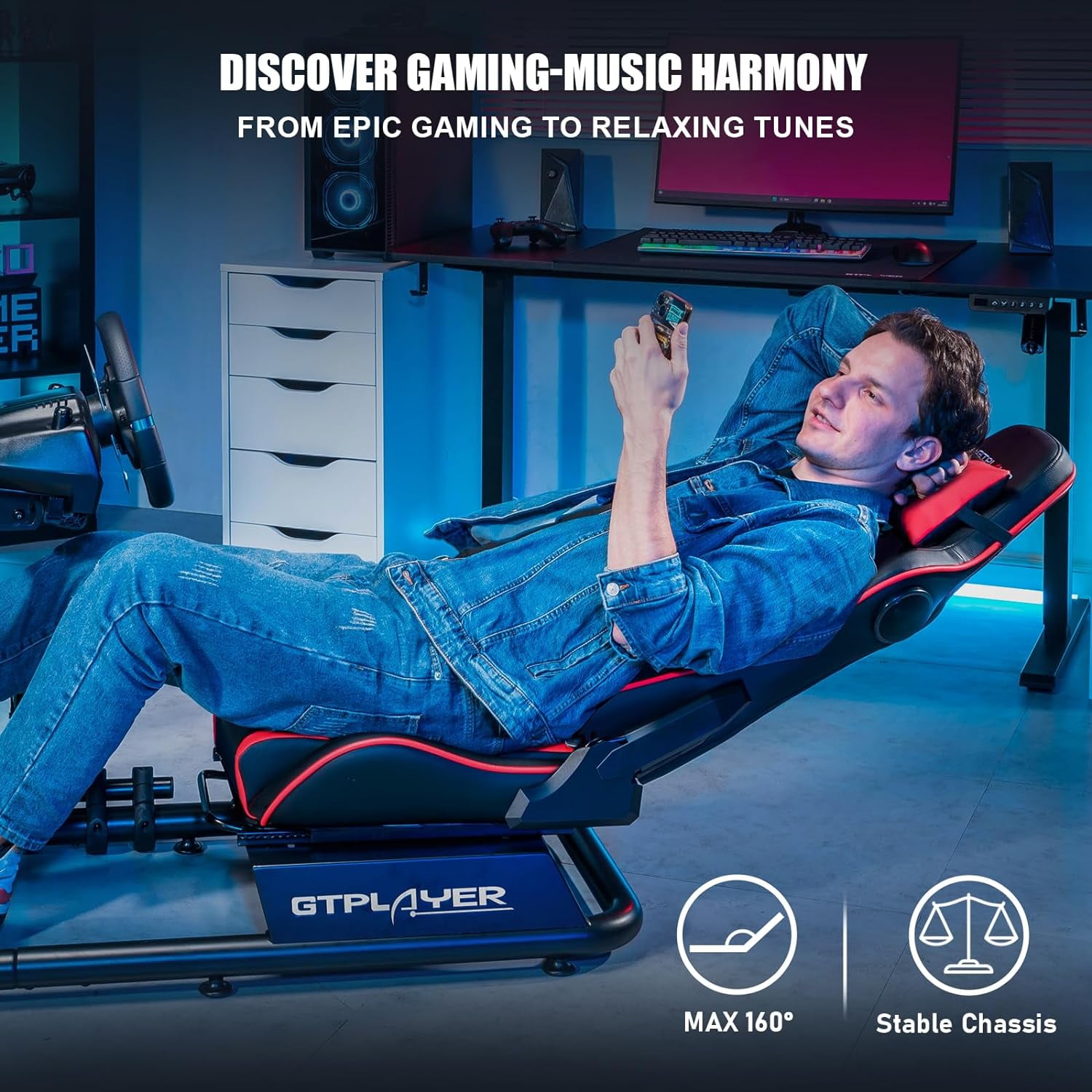 GTPLAYER Racing Simulator Cockpit Alloy Steel Adult Gaming Chair with Bluetooth Speakers, Red/Black