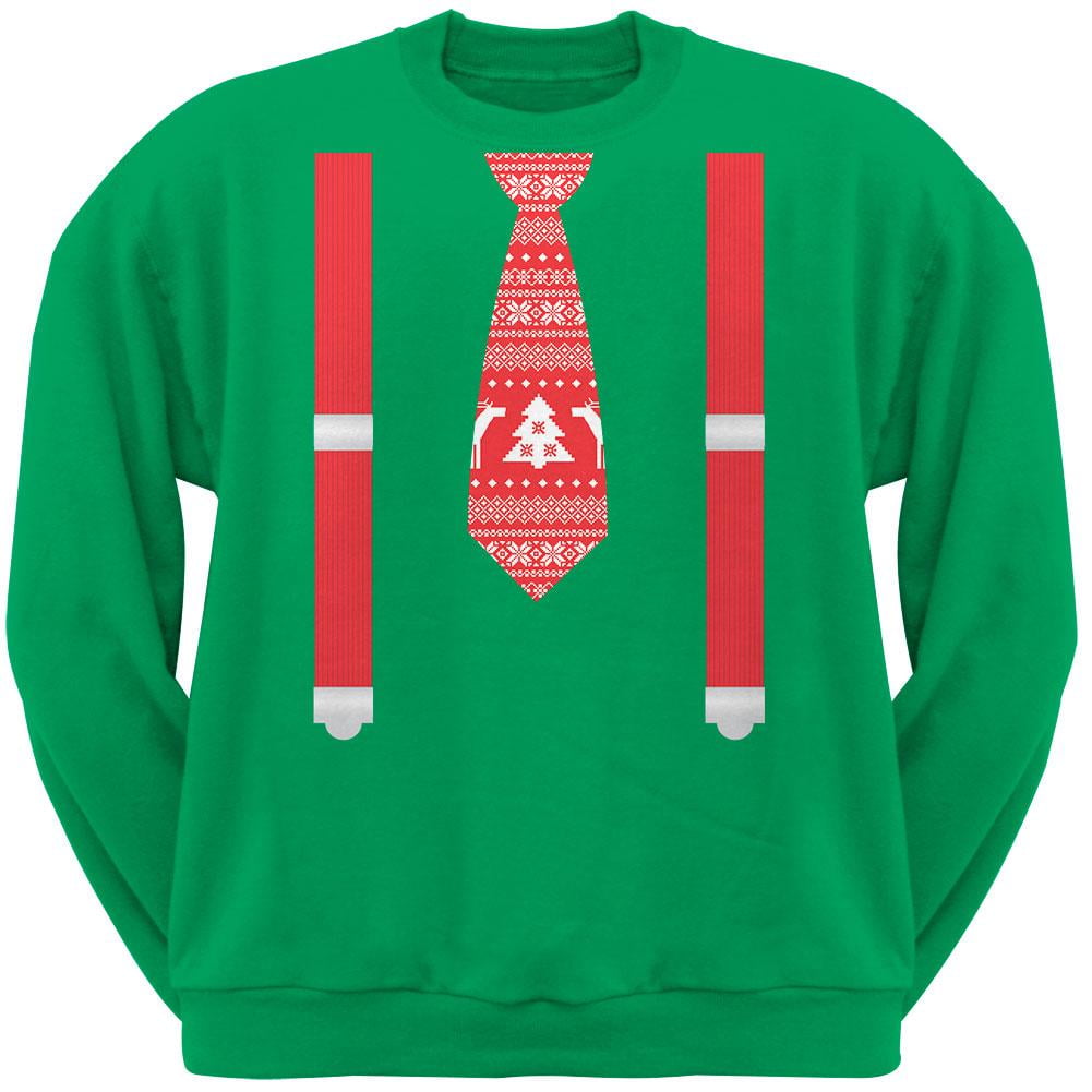 Ugly Christmas Sweater Tie With Suspenders Green Adult Crew Neck