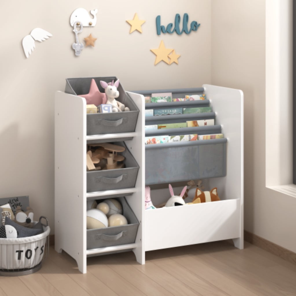 Kids Bookshelf and Toy Storage Organizer, 4-Tier Children's Bookcase with 3 Collapsible Fabric Drawers, Tilted Book Display Shelves for Playroom, Nursery & Bedroom