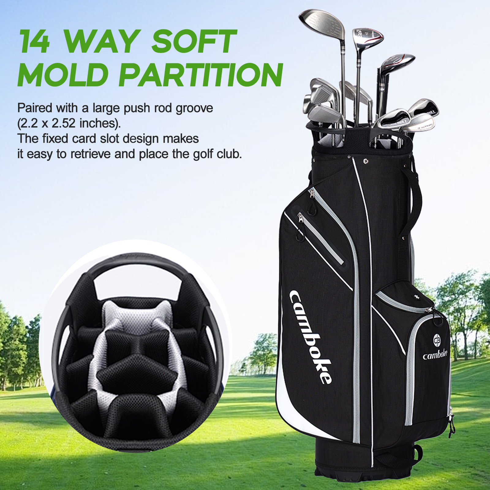 Lightweight Golf Cart Bag with 14-Way Full-Length Dividers, Cooler Pouch, Golf Bag for Men Women with Adjustable Padded Strap, Rain Hood, Golf Club Bag for Carts,black